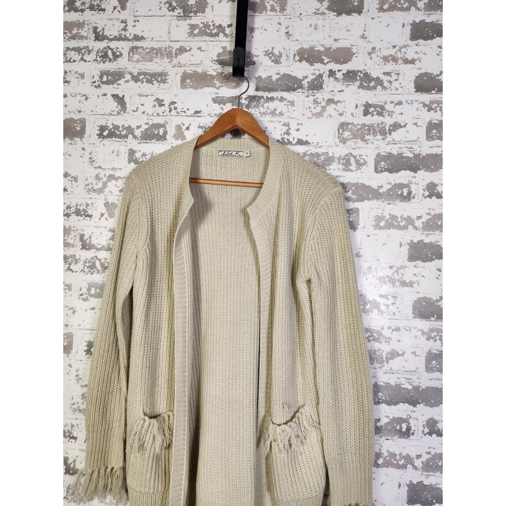 Boho Western Cardigan Beige Fringe Size Small Open Chunky Pockets - Picture 2 of 16